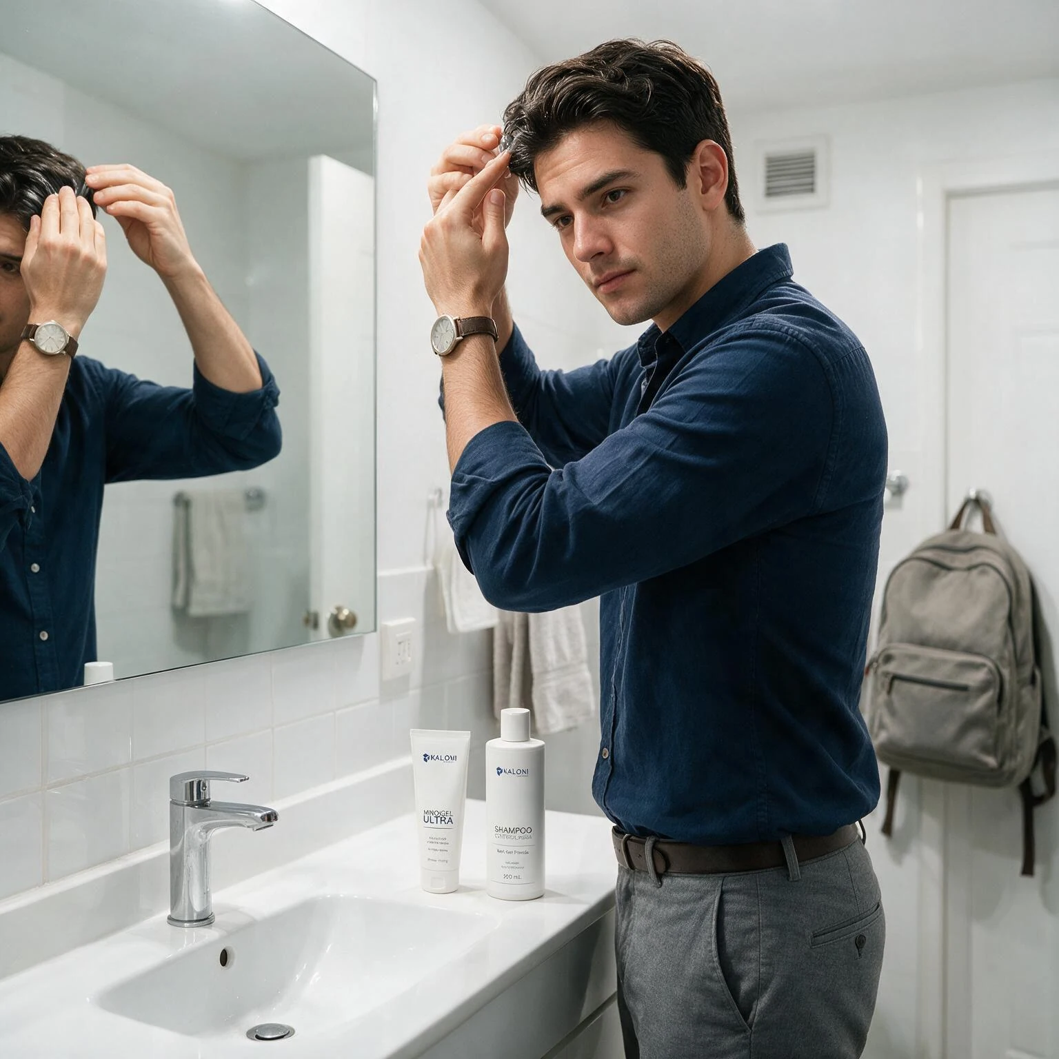 Hombre revisando la línea del cabello frente al espejo.
