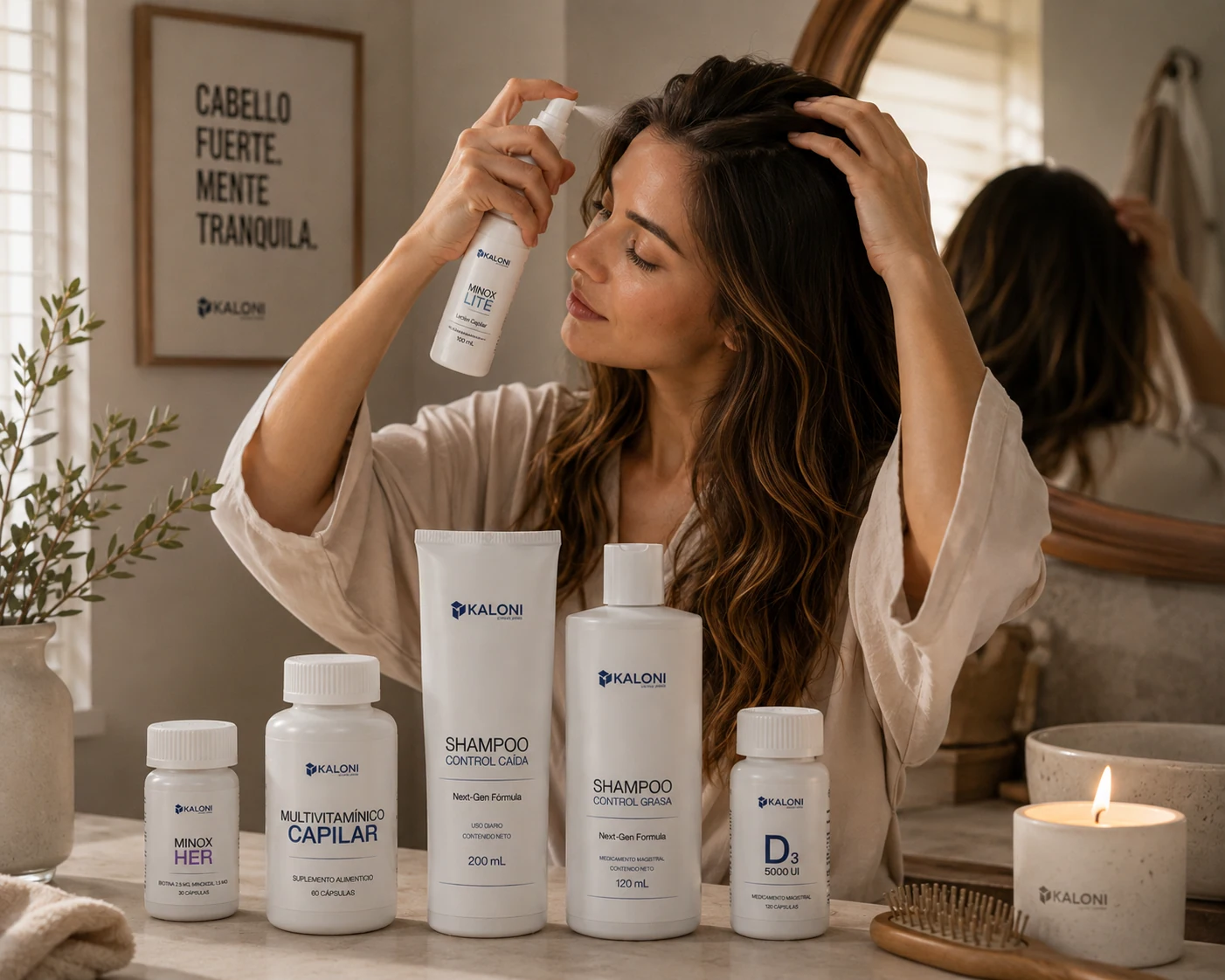 Mujer aplicando loción capilar junto a productos Kaloni.