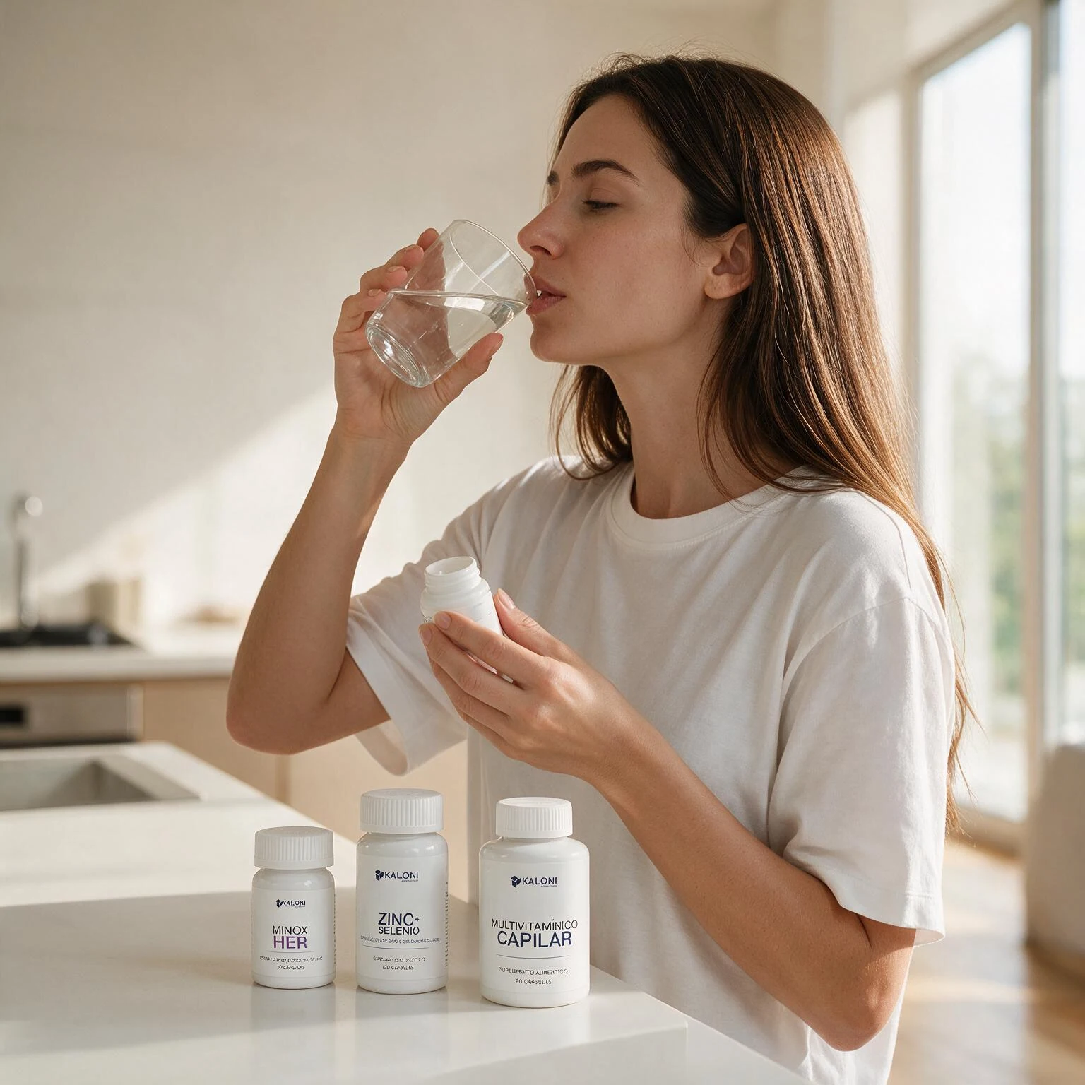 Mujer sosteniendo un suplemento y un vaso de agua junto a productos Kaloni.