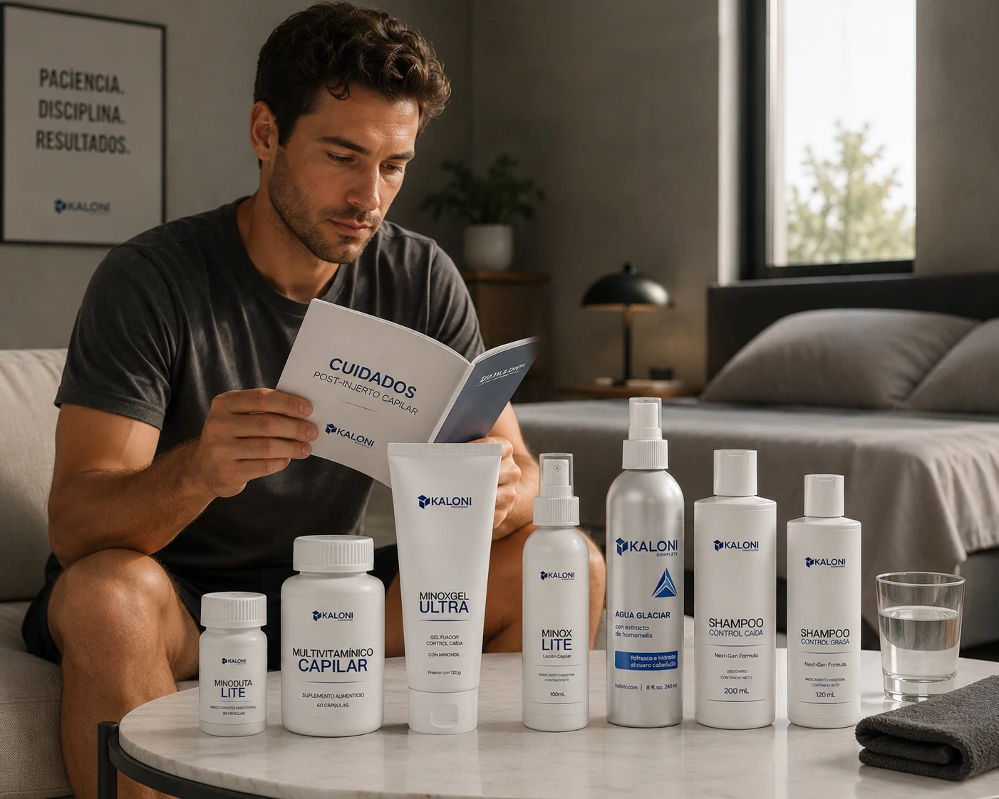 Hombre leyendo una guía de cuidados junto a productos capilares Kaloni.