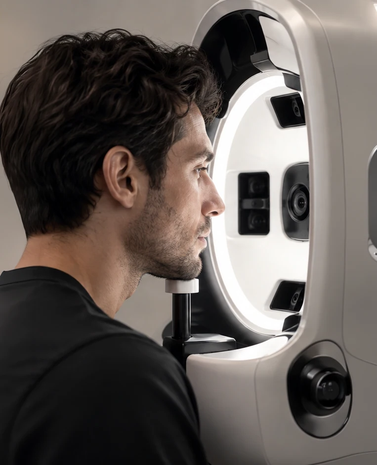 Hombre ante un equipo de observación facial.