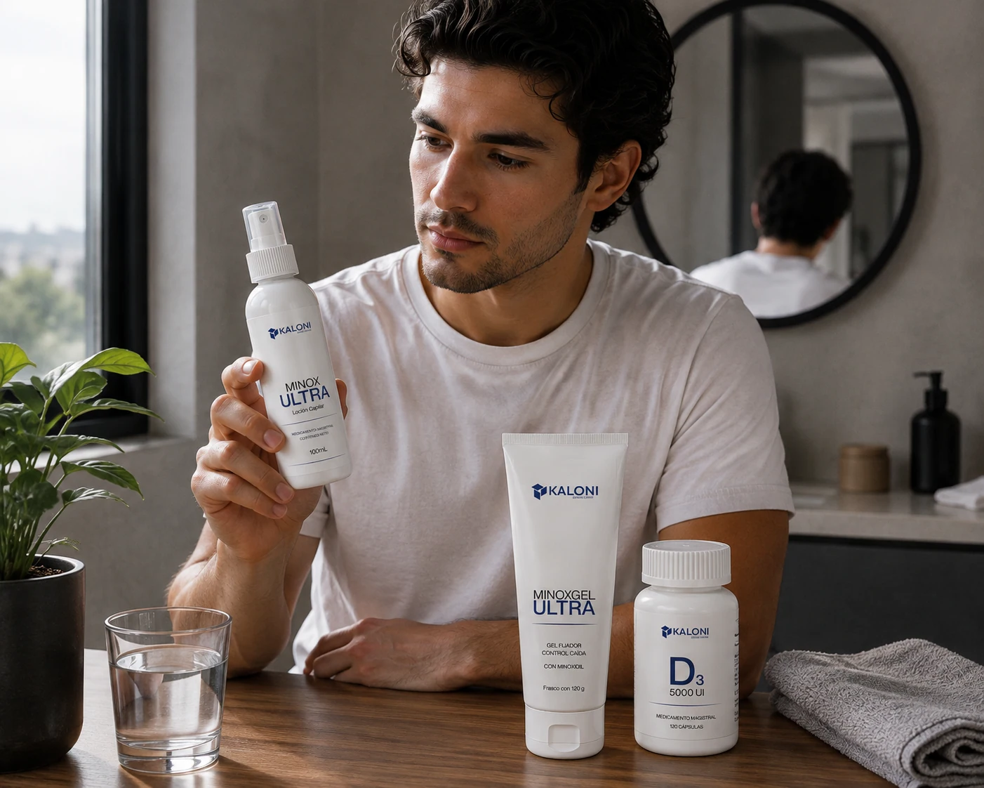 Hombre observando una loción Kaloni junto a un conjunto de productos.