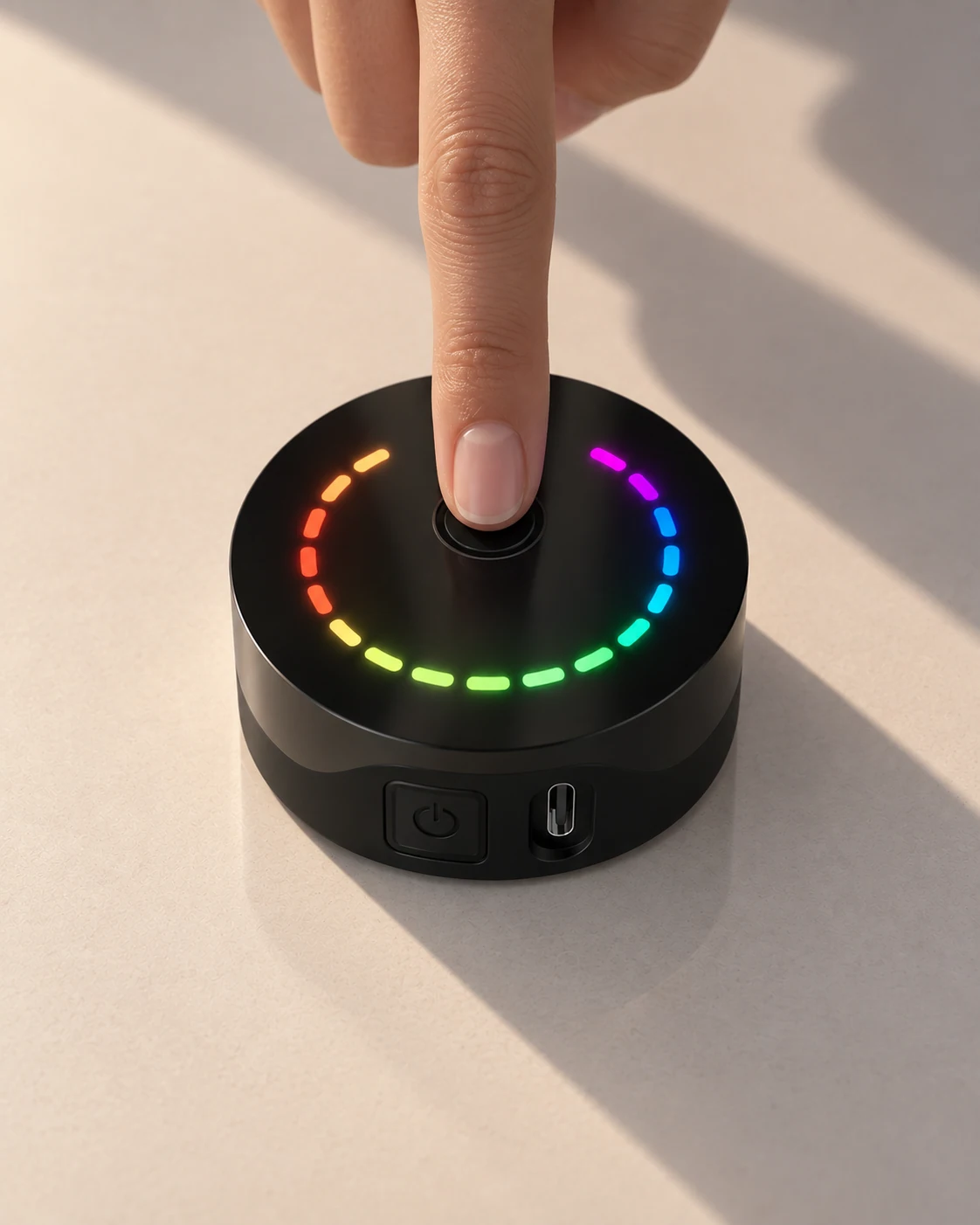 Un dedo sobre un dispositivo Prysm iO con un anillo de luz de colores.