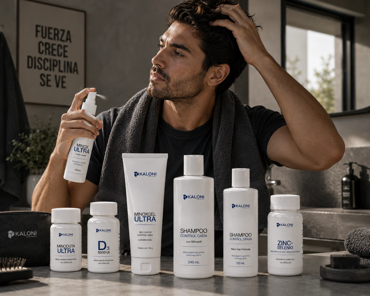 Hombre peinando su cabello con la mano junto a productos Kaloni.