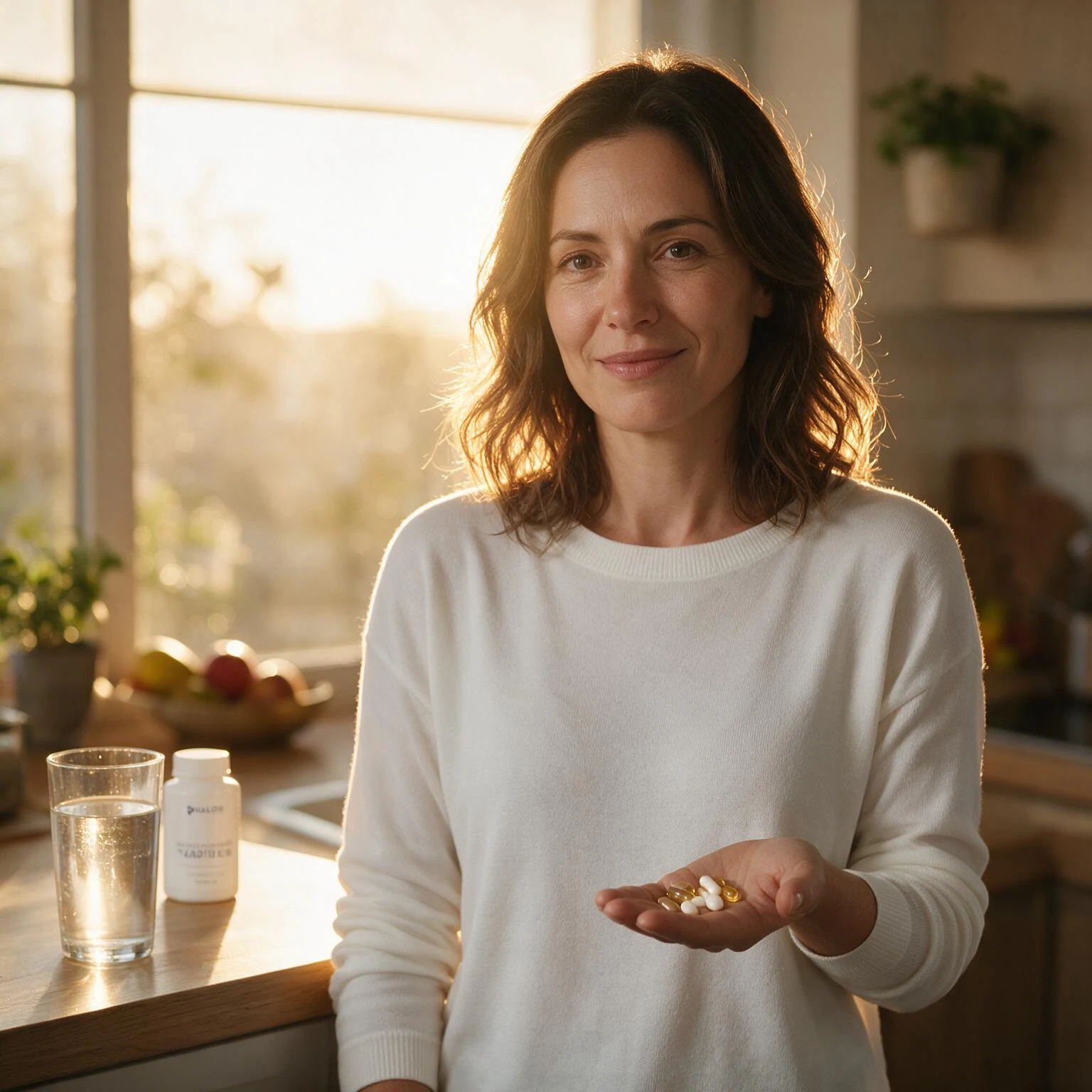 Mujer con suplementos Kaloni en una mesa de cocina.
