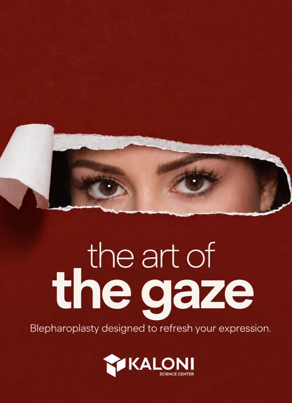 Campaña The Art of the Gaze sobre fondo rojo.