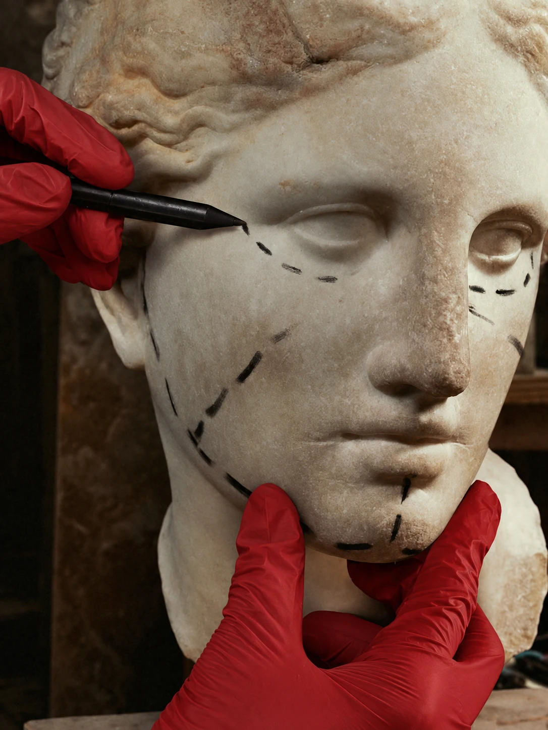 Manos con guantes rojos trazando líneas en un busto de mármol.