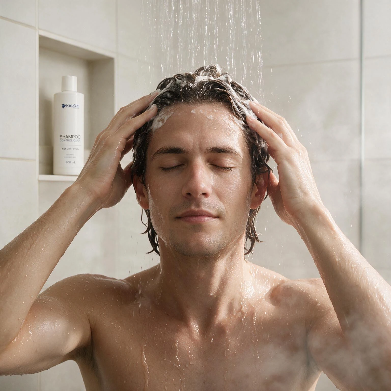 Hombre lavando su cabello en la ducha.