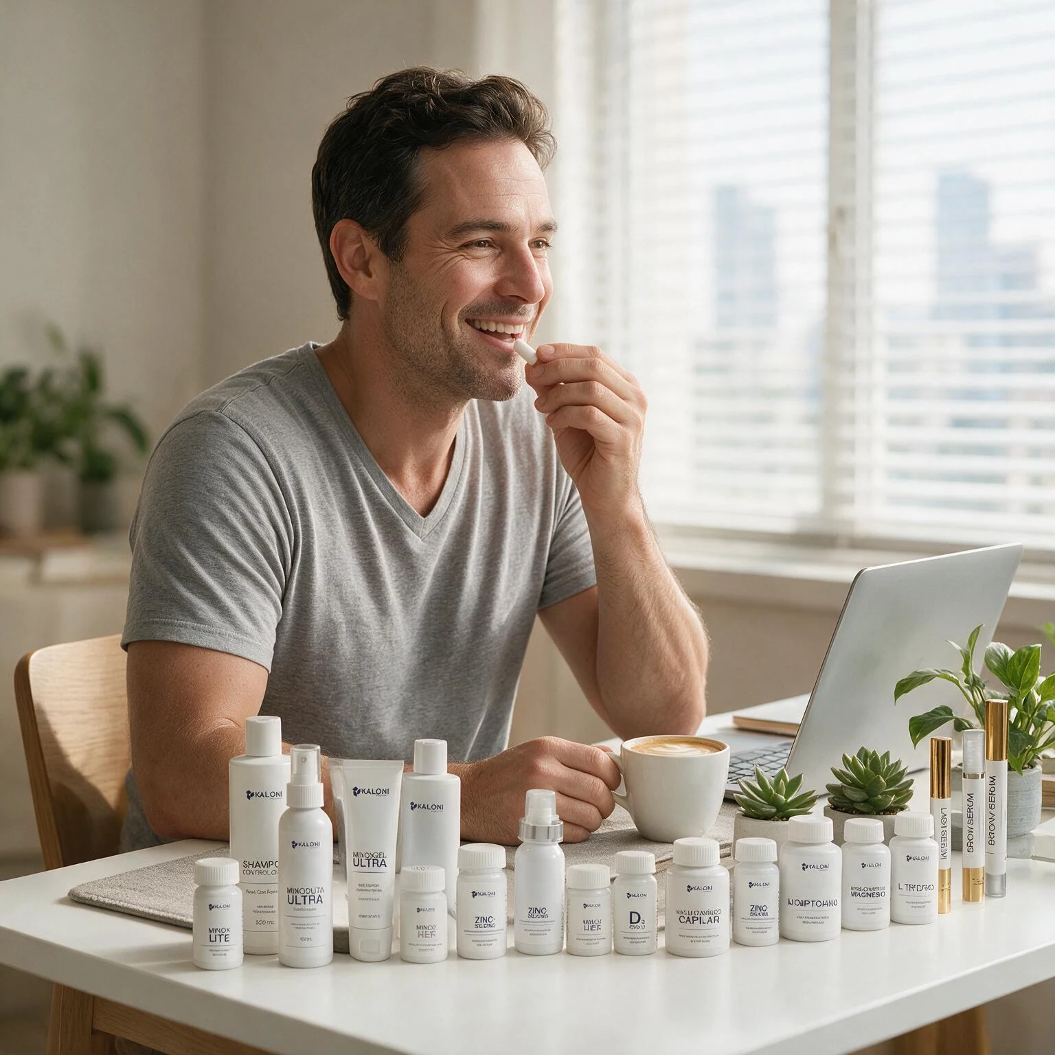 Hombre con productos Kaloni junto a su computadora y una taza.